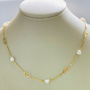 CHOKER PEROLAS E CORACOES VAZ. BANHO DOURADO